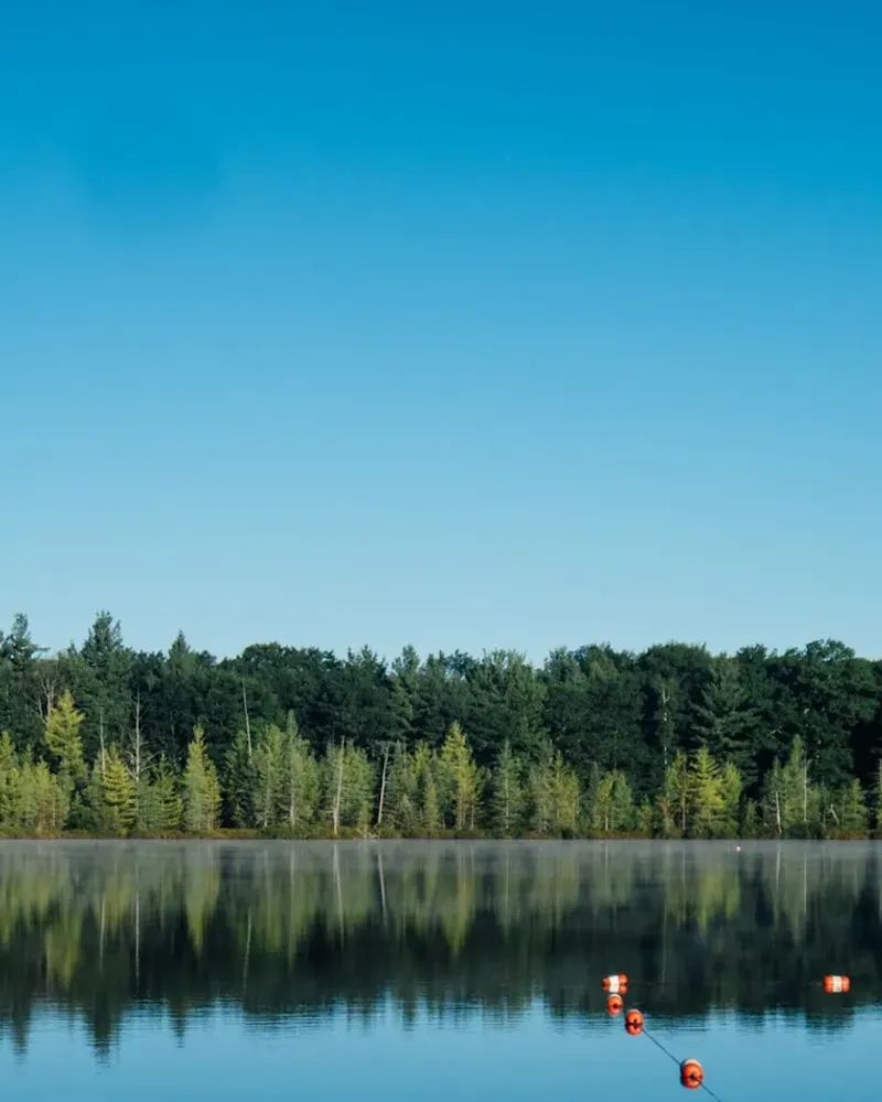 Abendhimmel über einem stillen Fluss mit Holzsteg und Baumreihe